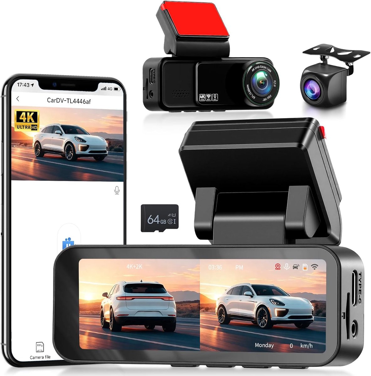 SnelShoppen - 4K Dashcam met Voor- en 2K Achtercamera, 3.16 Inch IPS Scherm, WiFi en App Besturing, ADAS, BSD, LCA, Nachtzicht, G-Sensor, Loopopname,