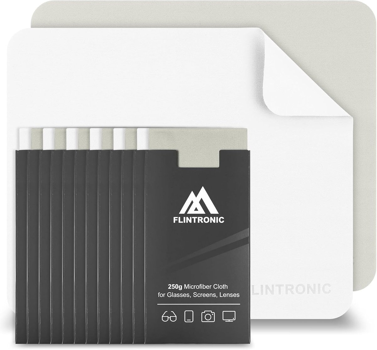 SnelShoppen - Flintronic Microvezel Reinigingsdoeken 12 Stuks - 15x18 cm - Premium Microvezel - Scherm, Bril, Lens, Juwelen, Camera - Wit/Grijs - Duur