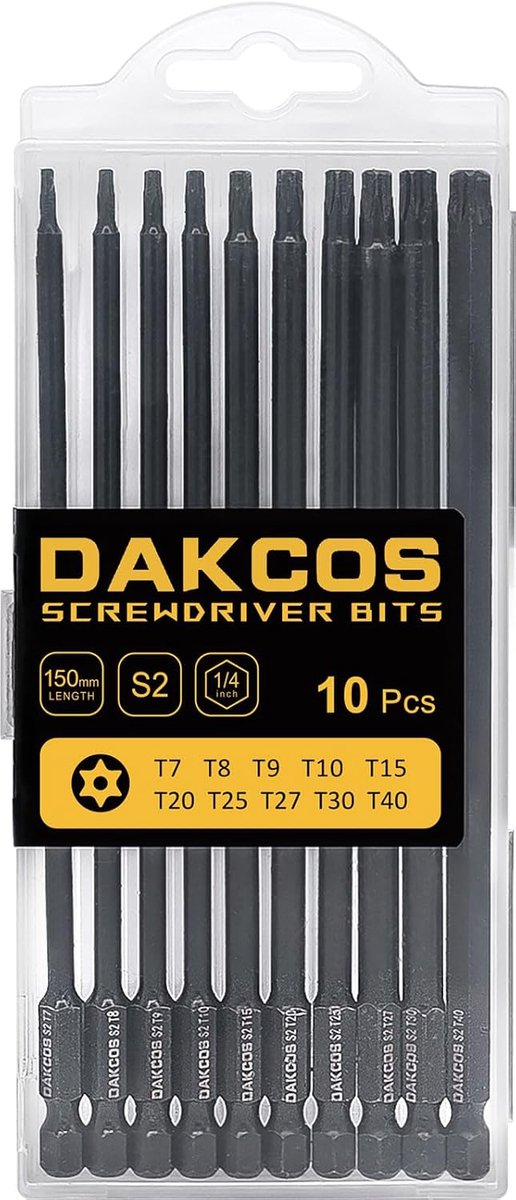 10-delige sabotagebestendige torx-bitset - Premium S2 gelegeerd staal veiligheidssterrenbits, 150 mm lang (T7 - T40)