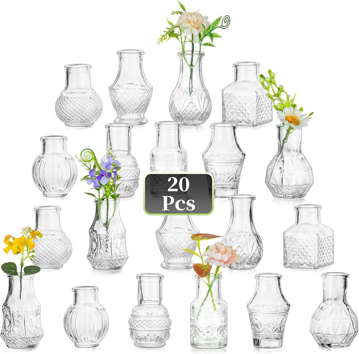 SnelShoppen - 20 Stuks Kleine Glas Vazen Set - Mini Bloemenvazen voor Bruiloft, Woonkamer en Tafeldecoratie - Ideaal voor Korte Stelen en Wilde Bloeme