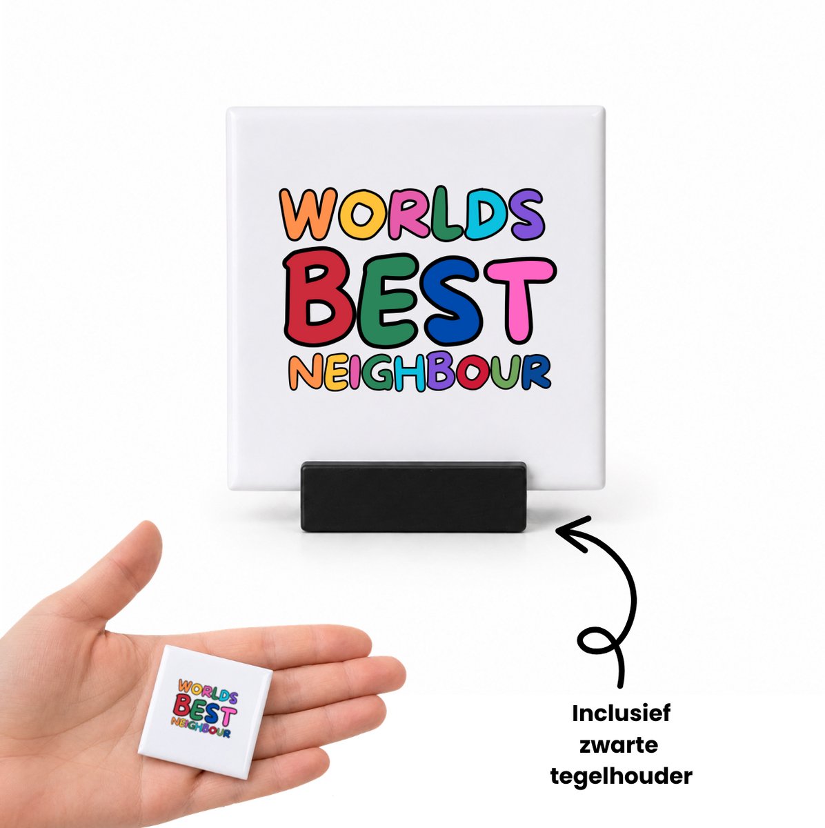 Hacebo world's best neighbour tegeltje met tegelhouder - Buurman - beste buurman - tegeltjes met tekst - verjaardagscadeau - kado - gift - spreuktegels - 4.8x4.8 CM Wit