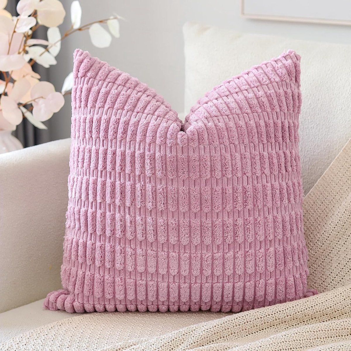 SnelShoppen - Boho Striped Cushion Cover 50x50cm - Super Zacht Corduroy Kussenhoes - Modern Decoratie voor Sofa, Slaapkamer en Auto - Licht Paars