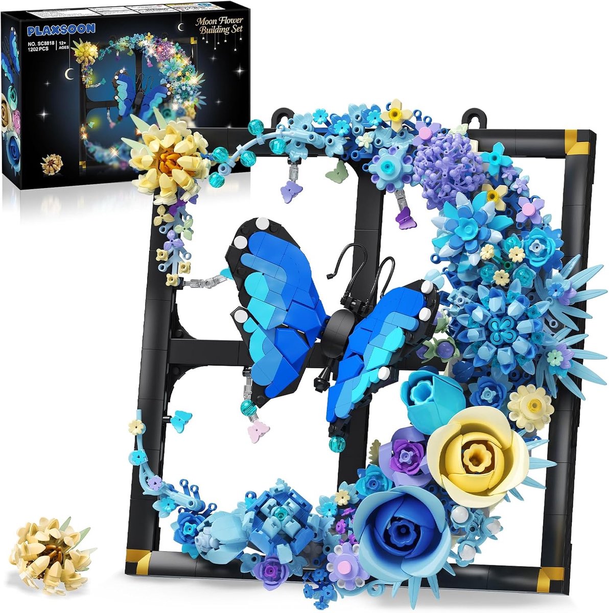 SnelShoppen - Moon Flowers Bouwset met Licht, Bloemen Bouwblok Wanddecoratie, Creatieve Speelset met Vlinder, Botanische Collectie voor Thuisdecoratie