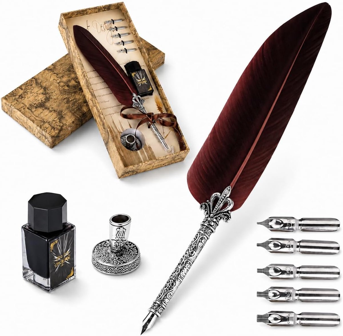 SnelShoppen - Dip Pen met Veer en Inkt - Antieke Schrijfpen voor Persoonlijk Gebruik, Kantoor Decoratie, Elegante Cadeauverpakking, Hoogwaardige Koper