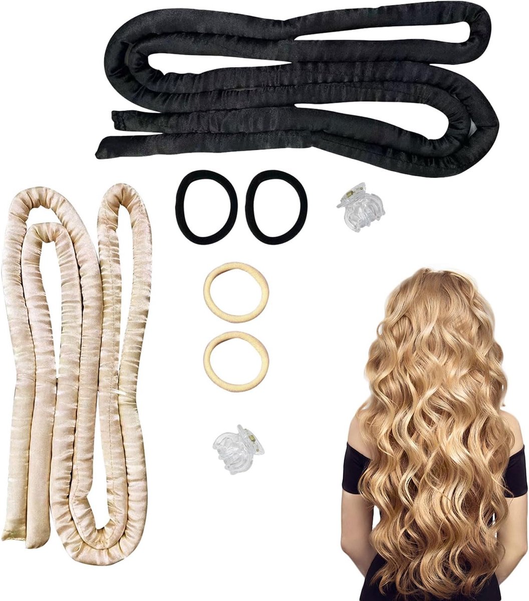 SnelShoppen - 2 Sets Hitteloze Krulspelden, Nachtelijke Hoofdband voor Hitteloze Krullen, Ideaal voor Lang en Kort Haar, Inclusief Haarringen en Clips