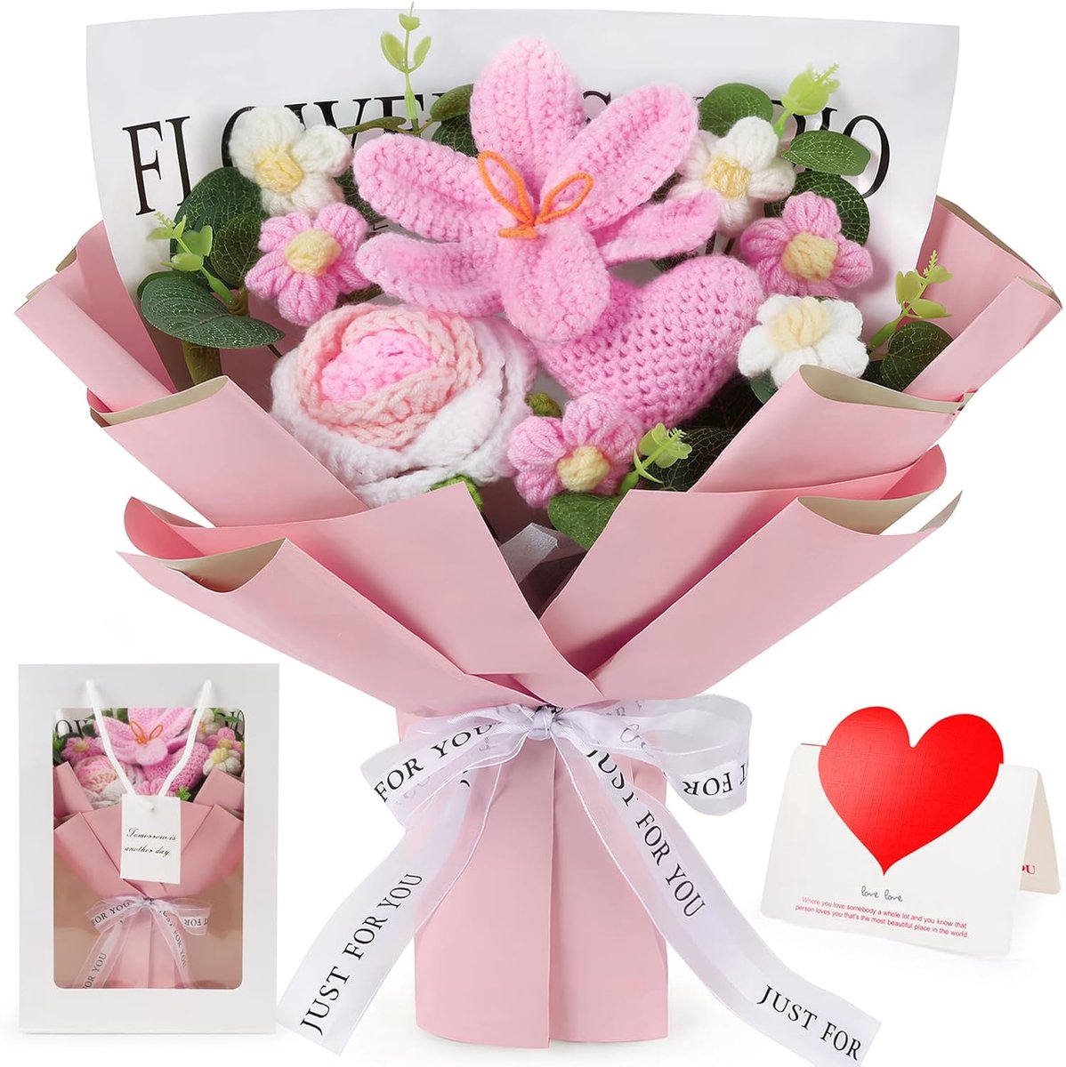 SnelShoppen - Haakbloemen Boeket, Gehaakte Roze Hart, Tulpen en Rozen, Kunstbloemen voor Moederdag, Verjaardag, Afstuderen, Jubileum en Thuisdecoratie
