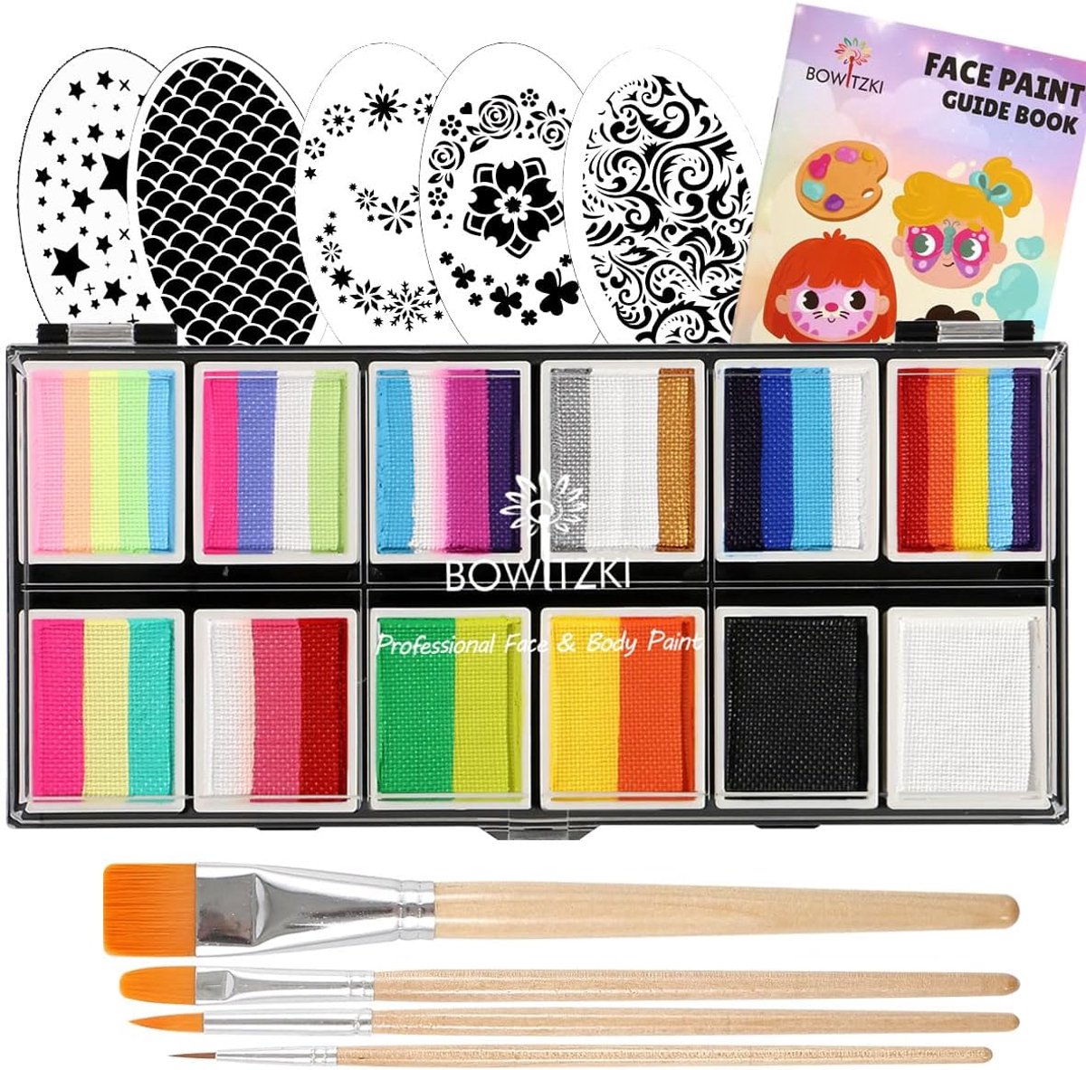 SnelShoppen - Professionele Face Paint Set 12x10g voor Kinderen en Volwassenen - Non-Toxisch - Stencils en Kwasten - Perfect voor Halloween, Kerst, Fe