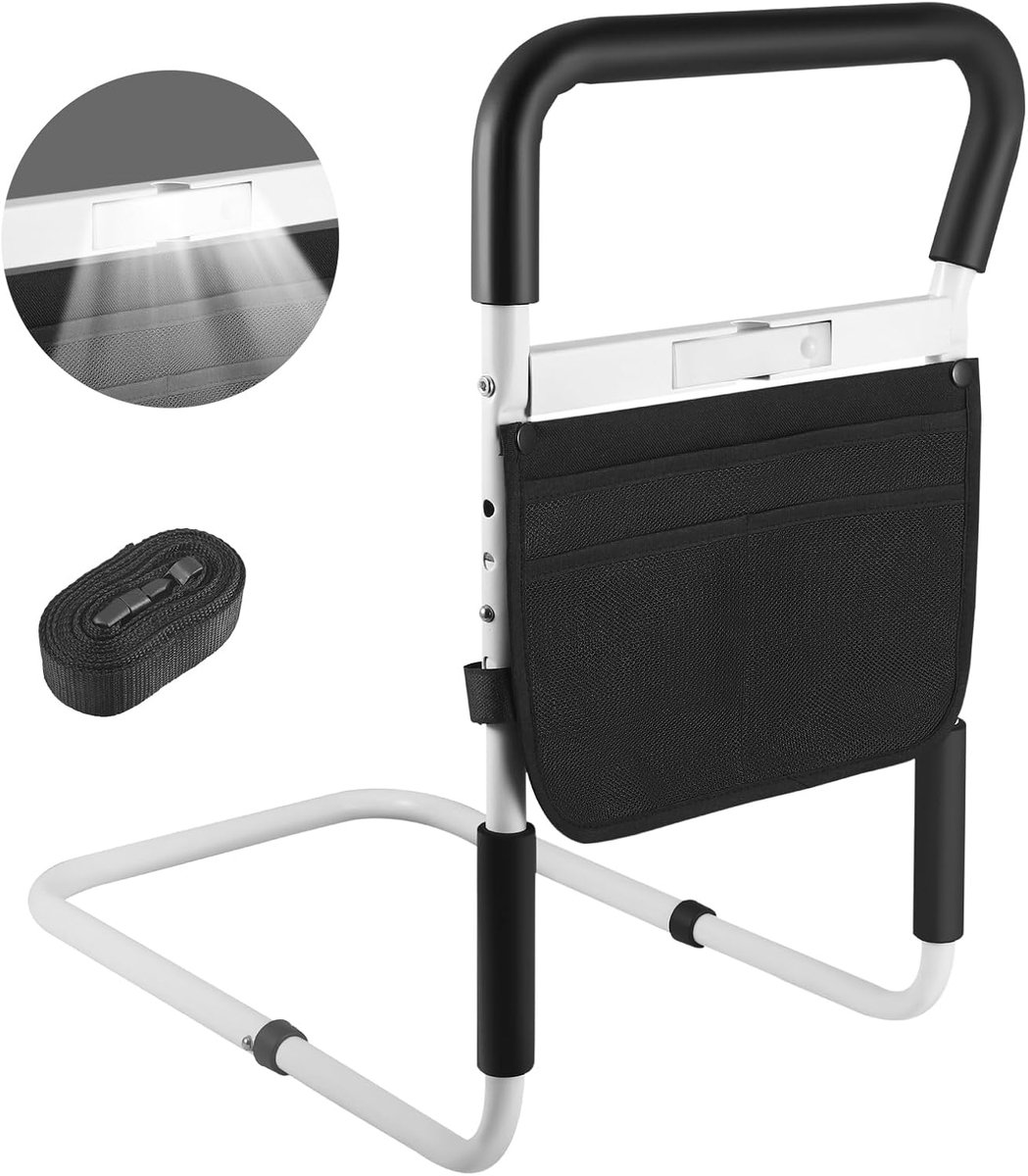 SnelShoppen - Stabiele Bedsteun voor Senioren en Volwassenen, Bedbeugel met Verlichting en Opbergzak, Stevig Metaal, Tot 160 kg, Ergonomisch Handvat,