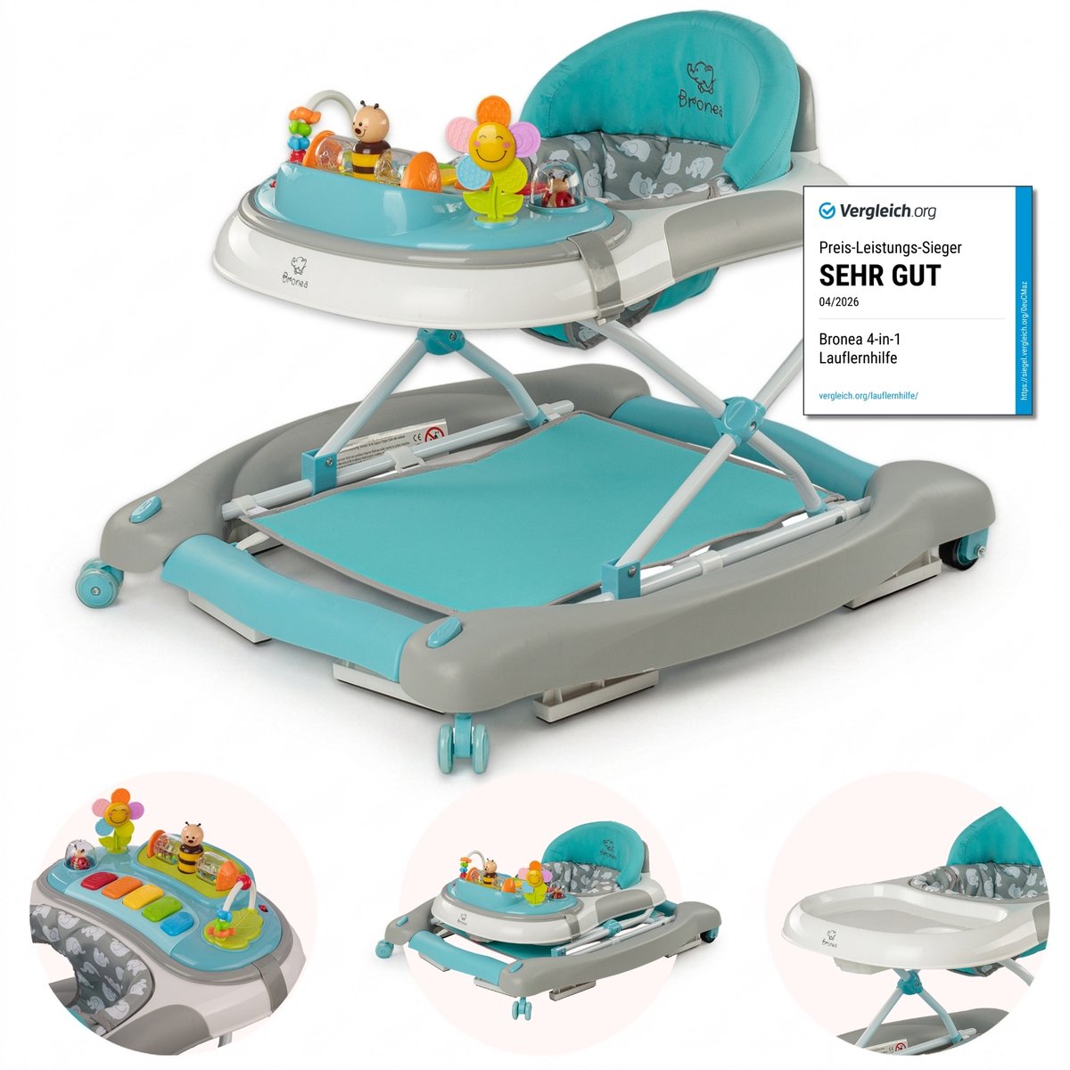BRONEA® Loopstoeltje baby 4-in-1 | Babywalker met schommelfunctie en speelpaneel met muziek | In hoogte verstelbaar en opvouwbaar | Loopstoel met stille wielen en remmen - Grijs/Turquoise