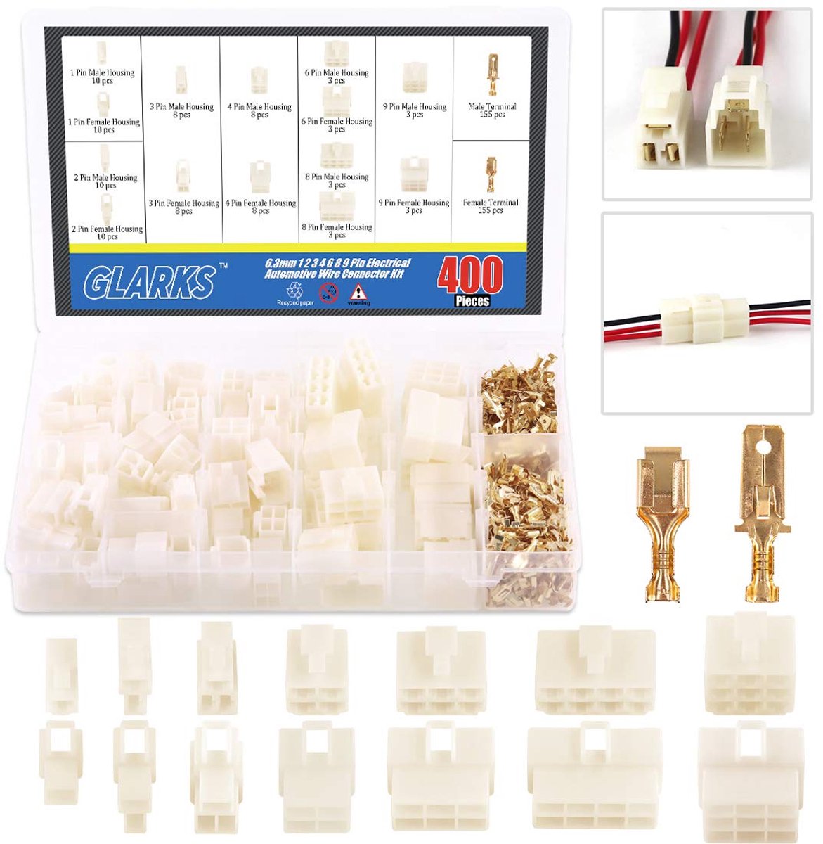 SnelShoppen - 400Pcs 6.3mm Male Female Crimp Wire Connector Kit - Elektrische Stekkers voor Auto, Motor, Fiets, Boot - 1-9 Pin Terminals Set