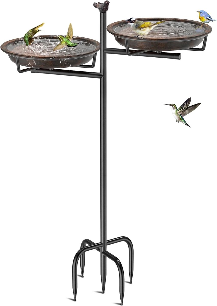 SnelShoppen - 2-in-1 Vogelbad voor Tuin, Dubbele Kom voor Water en Voer, Retro Bruin Metaal, Weerbestendig, Perfect voor Tuin Decoratie en Vogelzorg