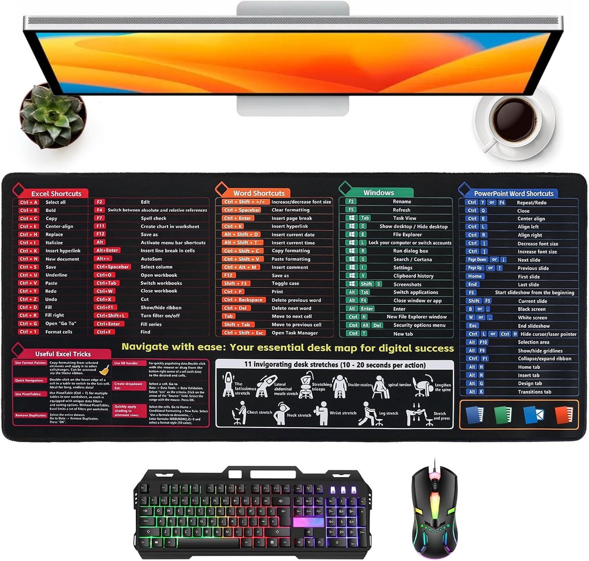 SnelShoppen - Excel Cheatsheet Desk Mat XXL 900x400mm - Grote Mouse Pad, Extended Full Desk Protector, Antislip, Formule Desk Mat voor Werk en Spel