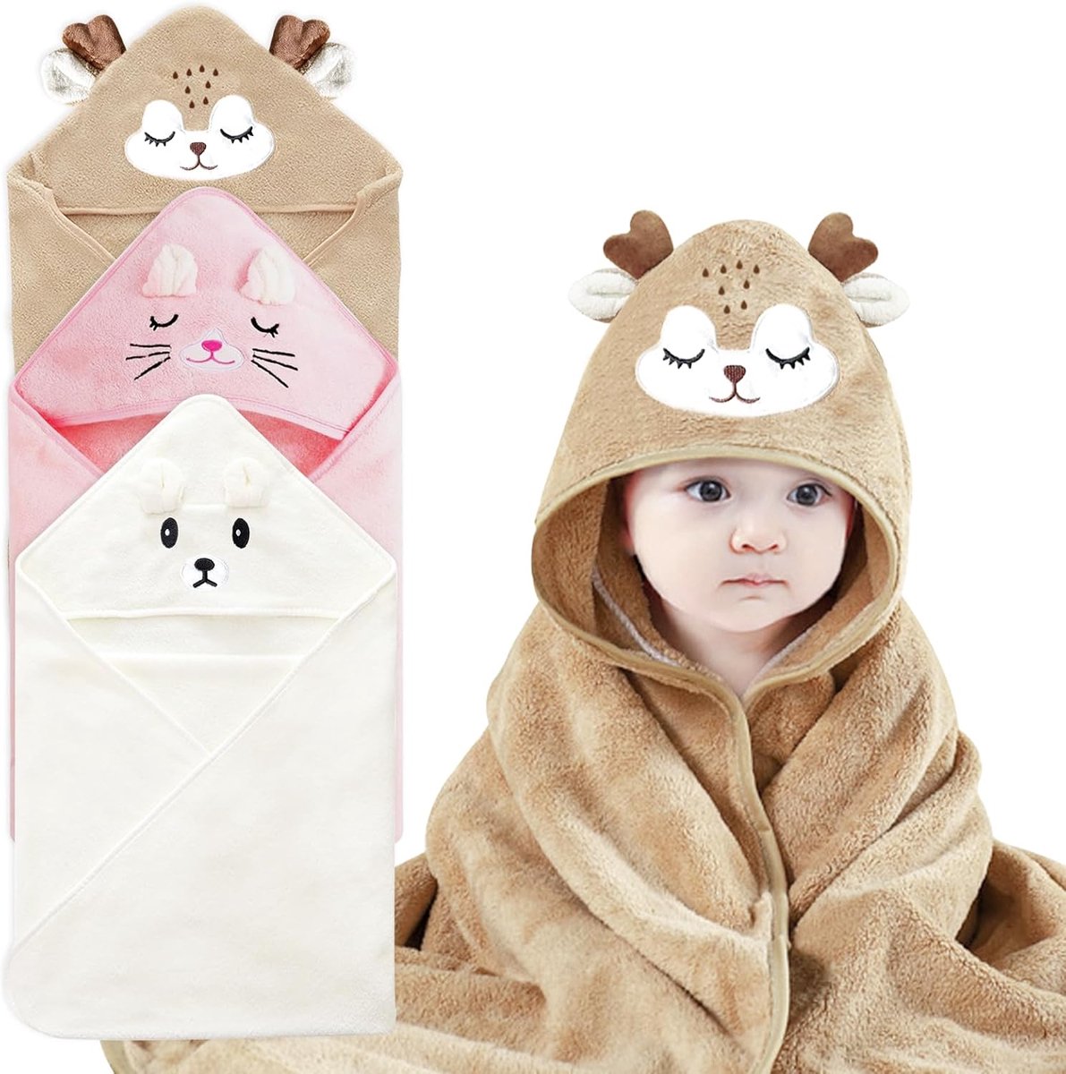 SnelShoppen - 3 Stuks Baby Handdoek met Kap 80 x 80 cm - Schattige Witte Beer, Roze Kat en Kachirt Motieven - Ultra Zacht en Super Absorberend - Ideaa