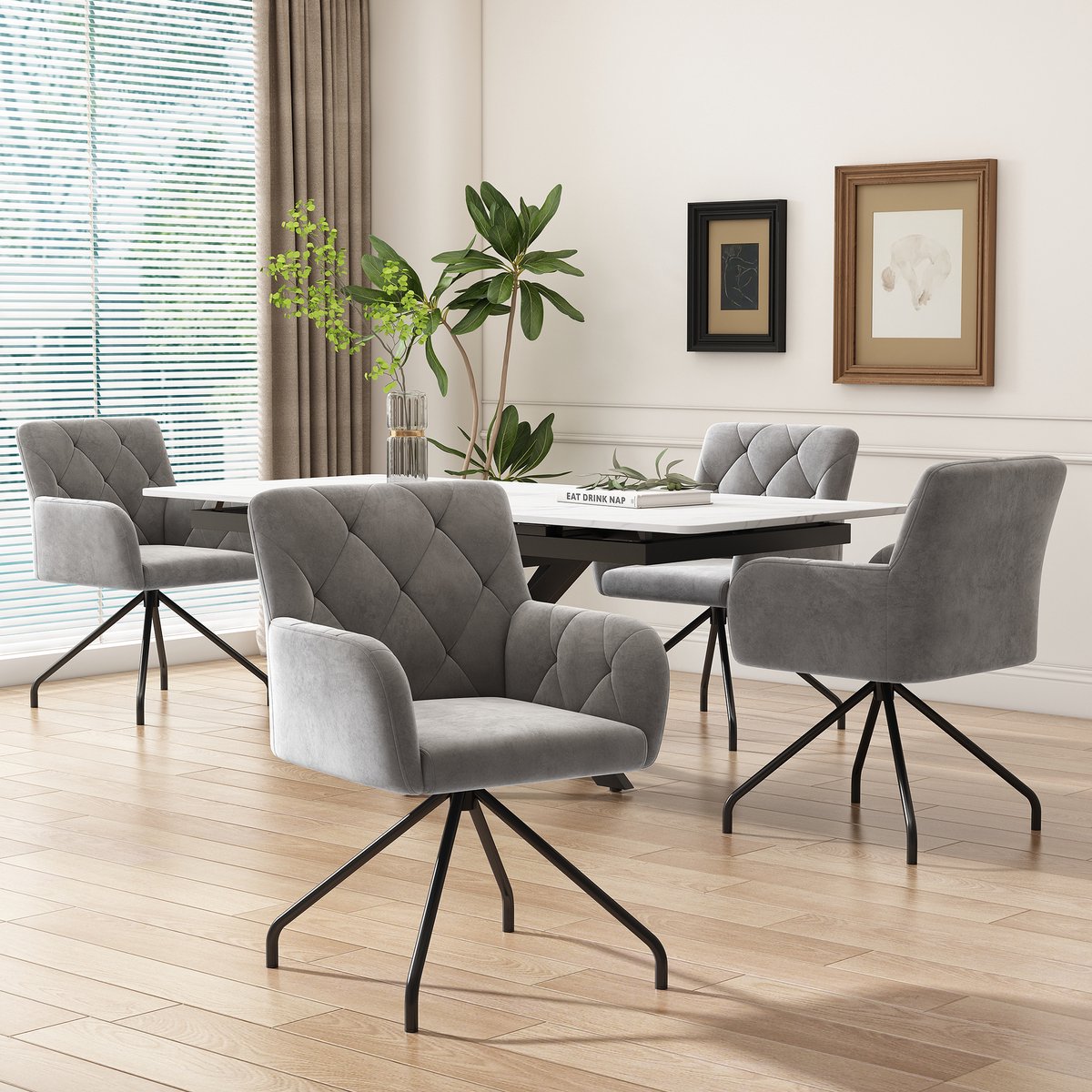 COVREO Eetkamerstoel set van 4 56 x 49 x 85 cm - velvet, armleuningen, lichtgrijs
