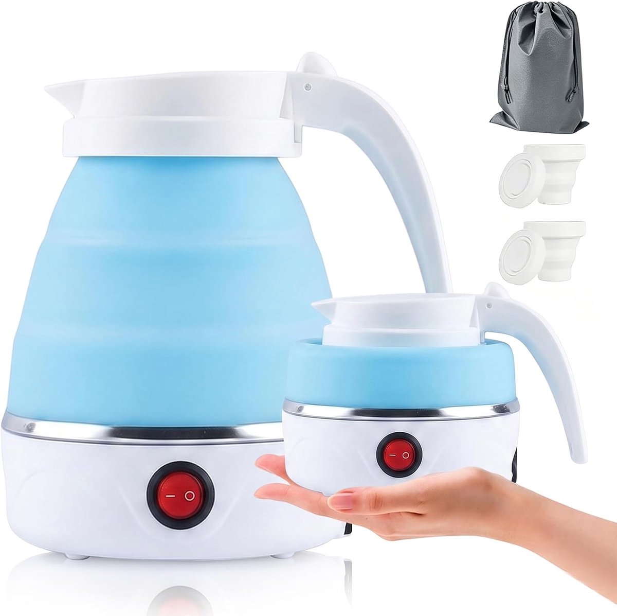 SnelShoppen - 0.6L Vouwbare Elektrische Waterkoker 750W met Roestvrijstalen Basis, Silicone Camping Theeketel met Automatische Uitschakeling, Lichtgew