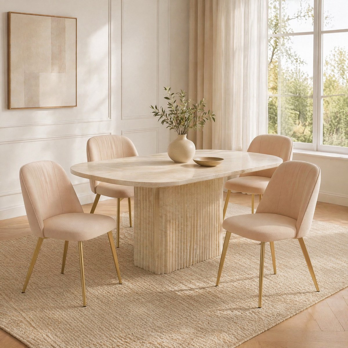 MEUNIQ set van 4 eetkamerstoelen velvet beige met gouden metalen poten, gestoffeerde zitting en halfronde rugleuning, modern voor eetkamer woonkamer of café