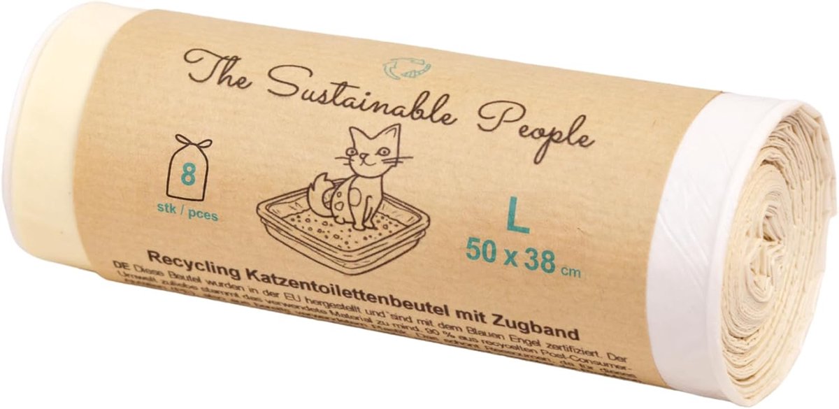 SnelShoppen - Gerecyclede Kattenbakzakken met Trekkoord - Maat L 50 x 38 cm - 8 Stuks - Duurzaam Gemaakt van 80% Post-Consumer Afval - Blauer Engel-ge