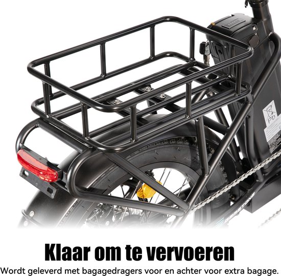 HILAND Elektrische Cargo Fatbike – 20" Dikke Banden – 48V – 7 Speed – Zwart — afbeelding 3