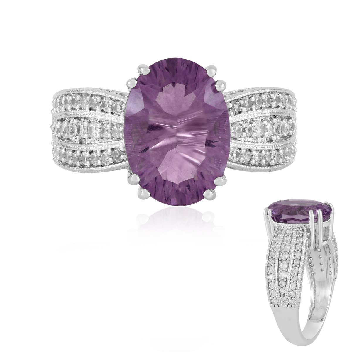 Cavill - Zilveren ring met Paarse Fluoriet 5,31 ct - 925 Sterling Zilver - Concaaf Ovaal slijpsel - Elegante Pavé Zirkonia - Handgemaakte Sieraden