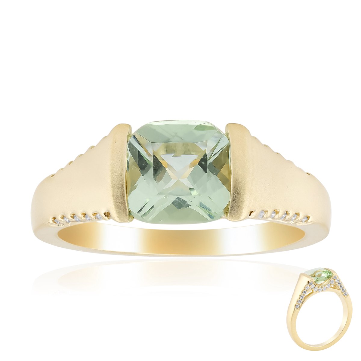 Cavill - 9 Karaat Geelgouden Ring met 1,088 ct Groene Beryl en Zirkonia Pavé - Antiek Kussen Slijpsel - Elegante Vintage Damesring