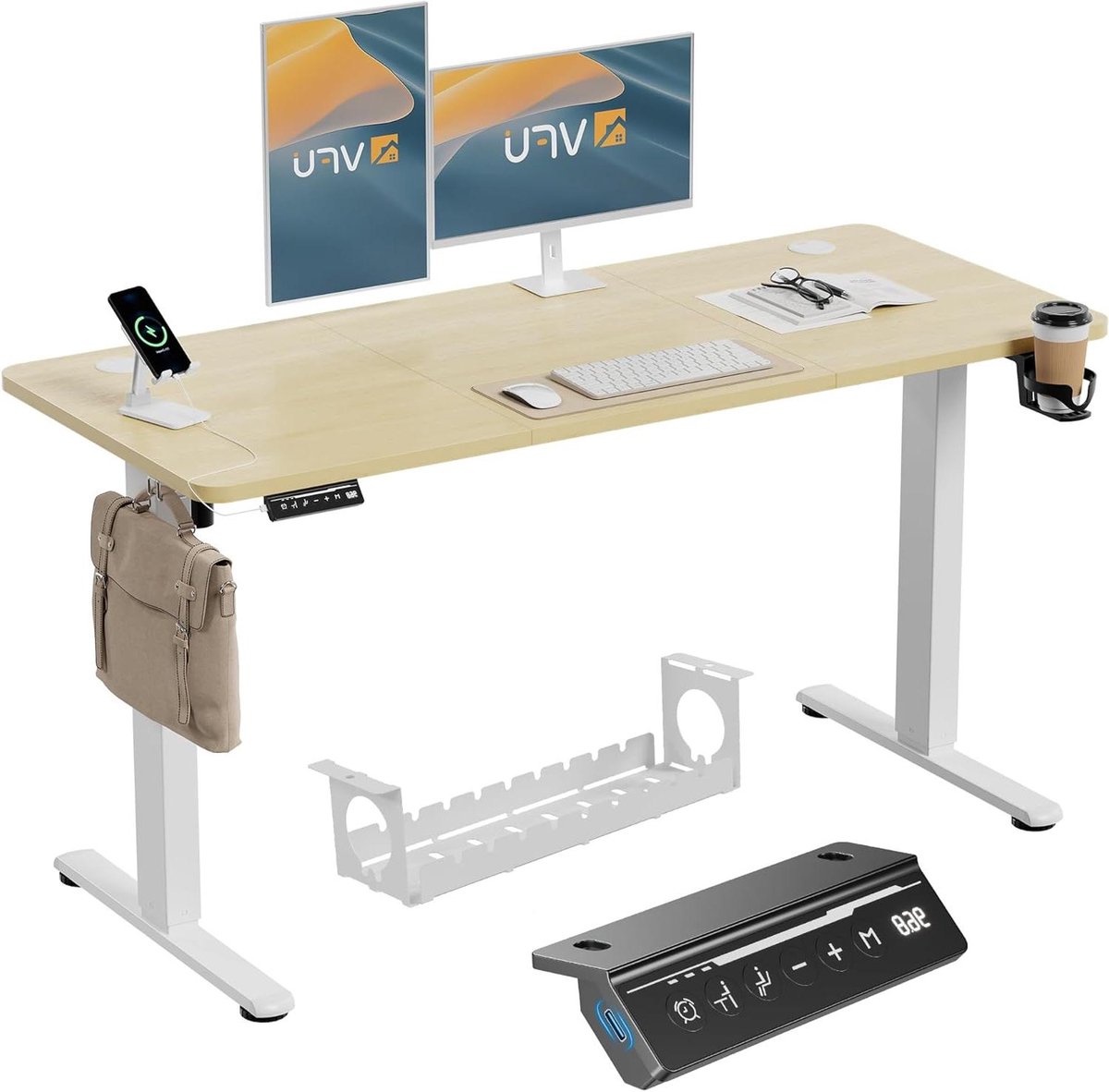 Verstelbaar Bureau - Staande Tafel - Ergonomisch Werken - Met USB-C Poort - 140 x 60 cm - Beige
