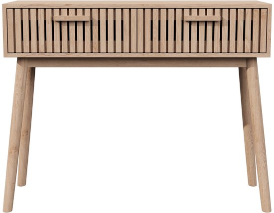 Vooraanzicht van een lichte houten consoletafel met twee lades en slanke, taps toelopende poten.