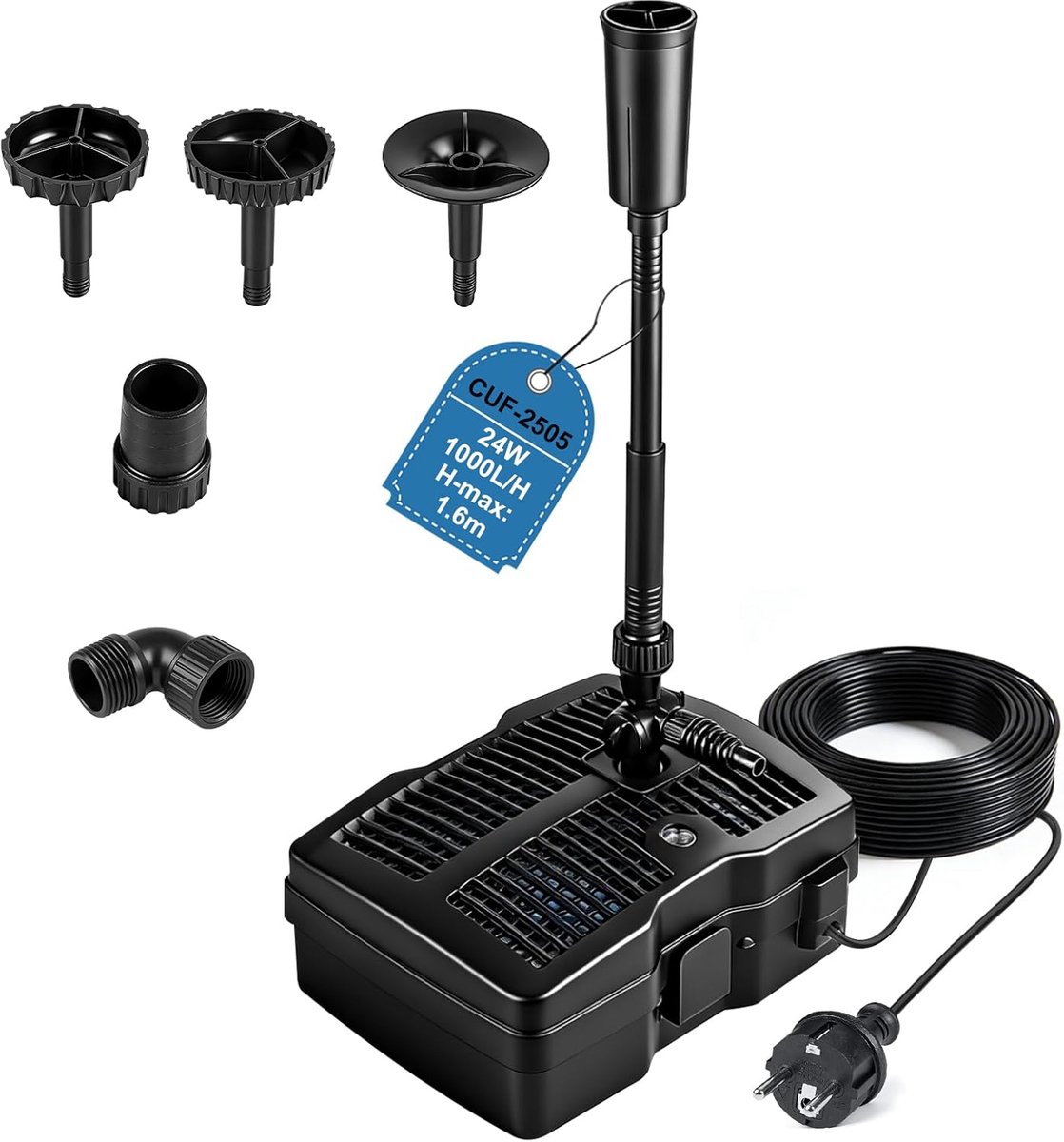 SnelShoppen - Vijverpomp met UV-lamp, 1000 l/u, 24 W, Complete Set met Filtermateriaal, 3 Fonteinopzetstukken, 10 m Kabel voor Tuin en Buiten