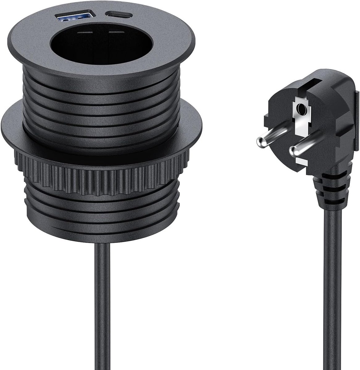 SnelShoppen - Inbouwstopcontact met USB, intrekbaar stopcontact met USB-A en USB-C poort, 2 meter kabel voor keukenwerkblad, stekkerdoos voor tafelgat