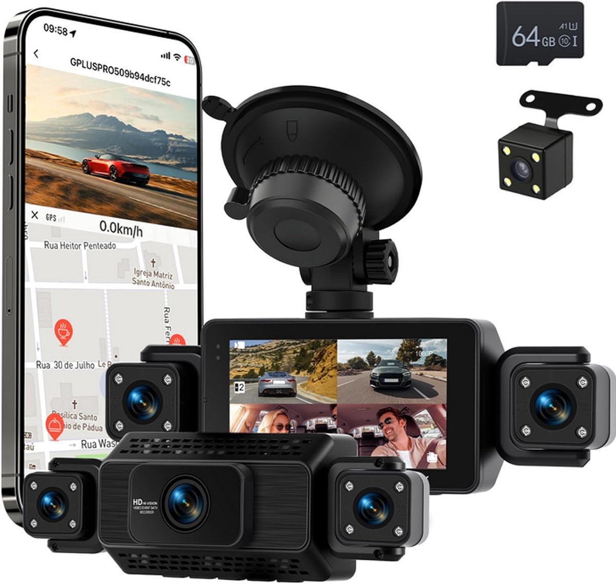 SnelShoppen - 360 Graden Auto Dashcam 4 Kanalen 1080P met Wifi, 3 Inch IPS-Scherm, 64 GB, G-Sensor, Achteruitrijcamera, 24 Uur Parkeermodus, Nachtzich
