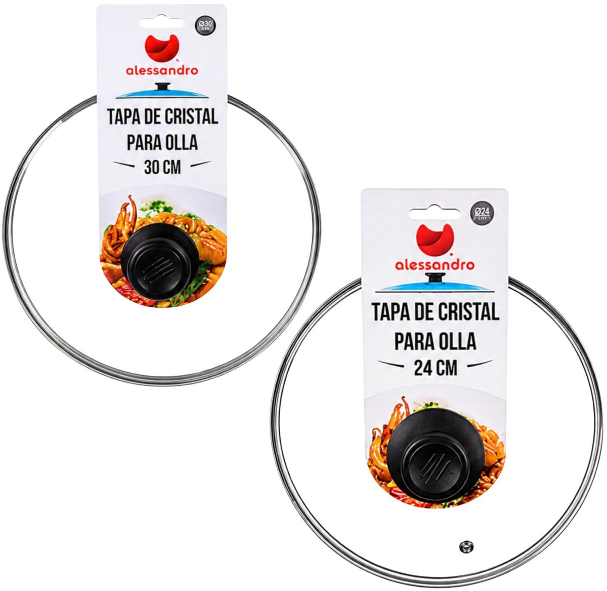 Universele pannendeksels - D24 en D30 cm - glas - met stoomgaatje
