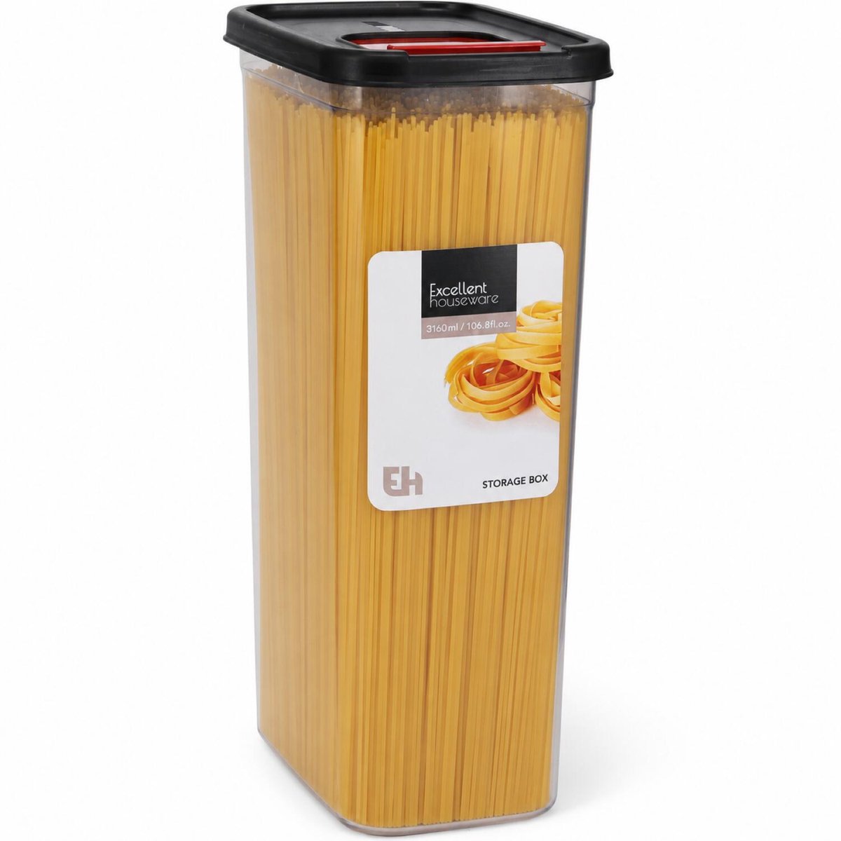 Excellent Houseware Voedselcontainer hoge strooibus - transparant/zwart - 3100 ml - kunststof - 16 x 11 x 28 cm - pasta
