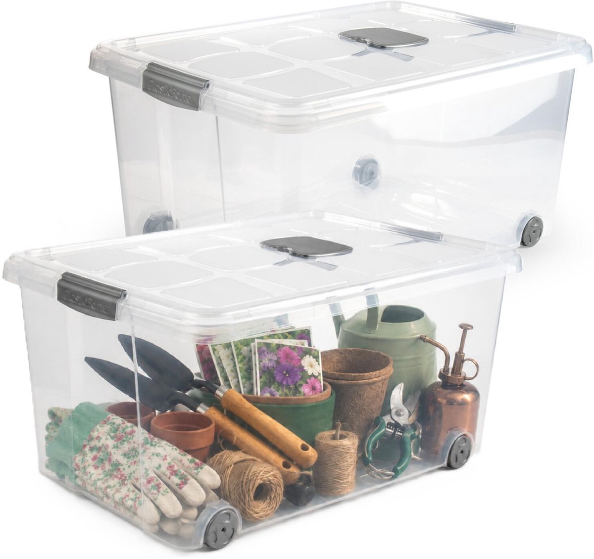 Plasticforte Opslagbox - 2x stuks - met deksel - 57L - 62 x 45 x 32 cm - transparant - opbergbak - met wielen