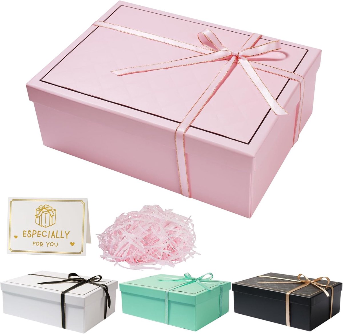 SnelShoppen - Geschenkdoos met Deksel 25 x 18 x 9 cm - Roze - Inclusief Strikken, Wenskaarten en Raffia Hamper Shreds - Perfect voor Bruiloft, Verjaar