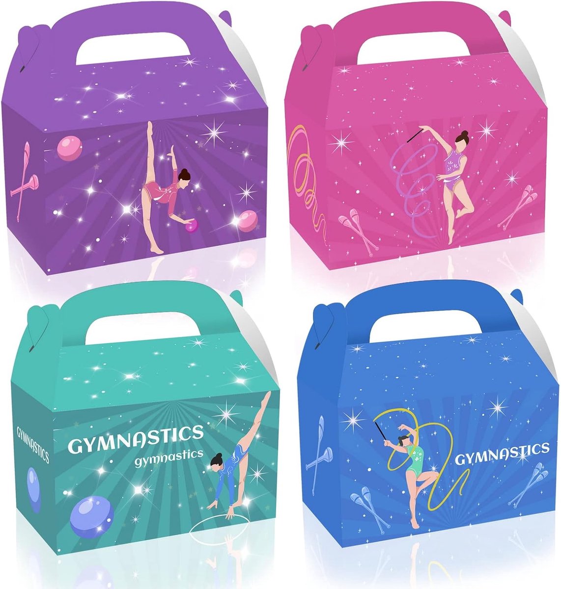 SnelShoppen - 12 stuks gymnastiek geschenkdozen voor meisjes, feestelijke gymnastieksnoepzakken in paars, roze, groen en blauw voor verjaardagen en ba