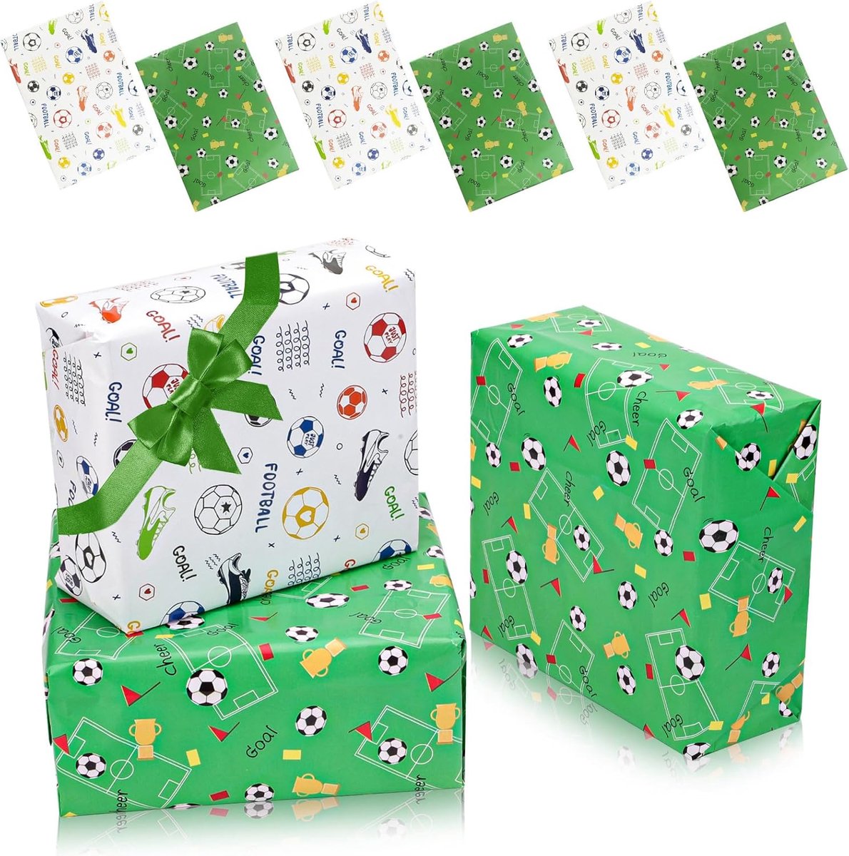 SnelShoppen - Voetbal Cadeaupapier voor Kinderen, 6 Vellen 70x50 cm met 2 Rollen Lint - Perfect voor Verjaardag, Kerst en Voetbaldecoratie voor Jongen
