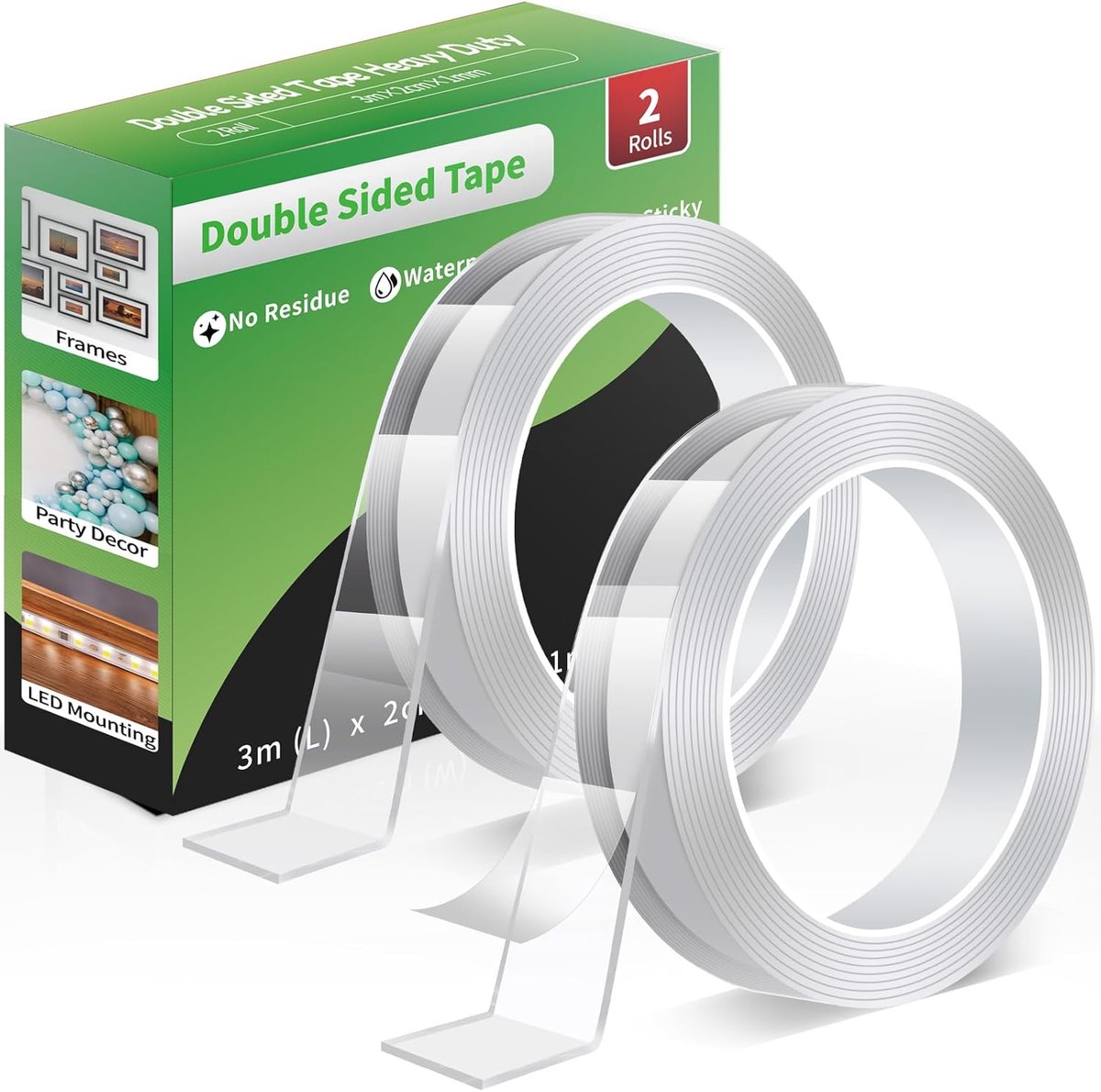 SnelShoppen - Dubbelzijdige Tape Heavy Duty, Verwijderbare Nano-Lijmstrips, Transparante Montagetape voor Posters, Muurbevestiging, Tapijt 2 Rollen (3