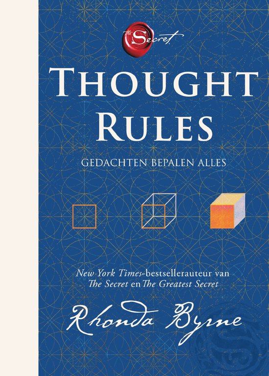 Boek 'Thought Rules' met de tekst 'Gedachten bepalen alles' en een illustratie van een vierkant dat verandert in een kubus.