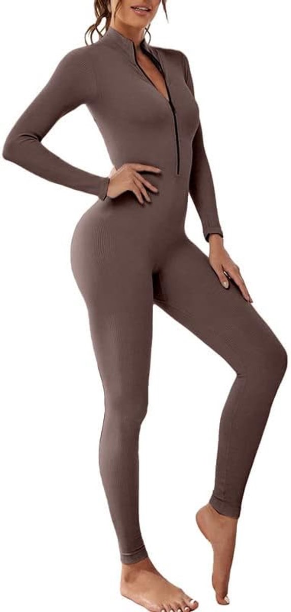 SnelShoppen - Vrouwen Yoga Jumpsuit Lange Mouw Unitard Stretchy Romper Geribbelde Gebreide Zip Up Slim Fit Bodysuit Fitness Sportkleding voor Dagelijk