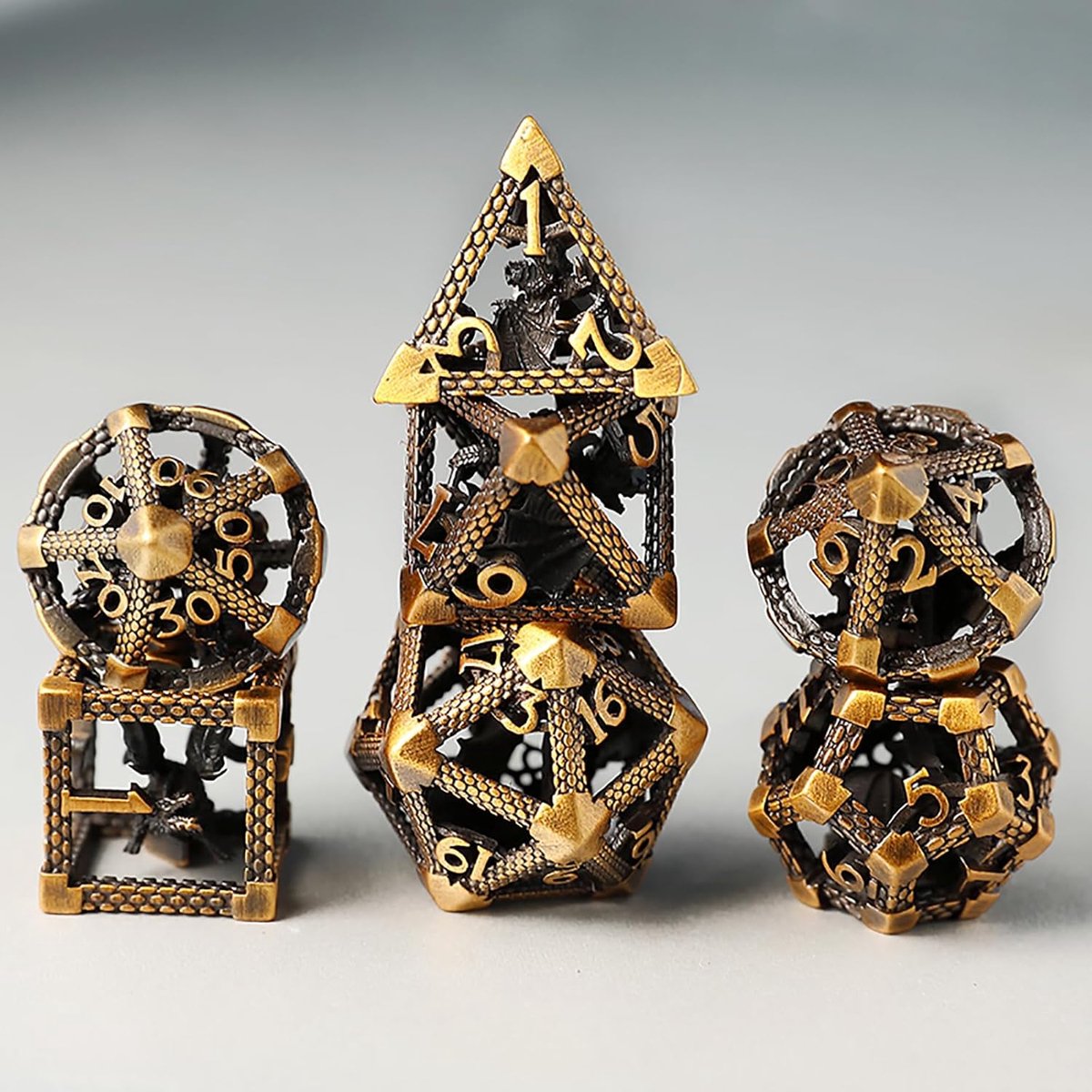 SnelShoppen - Metalen DND Dobbelstenen Set 7 Stuks - Holle 3D Draak Polyeder Dobbelstenen D20 D12 D10 D% D8 D6 D4 voor Dungeons & Dragons RPG Bordspel