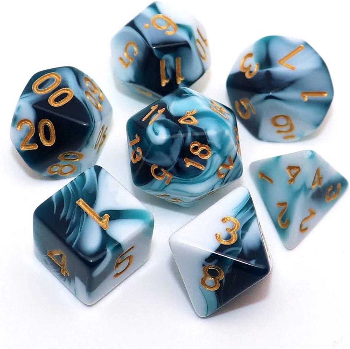SnelShoppen - D&D Dobbelstenen Set Teal Witte 7-Die RPG Dobbelstenen D20 D12 D% D10 D8 D6 D4, Polyhedral Acryl, Ideaal voor Dungeons en Dragons Spelle