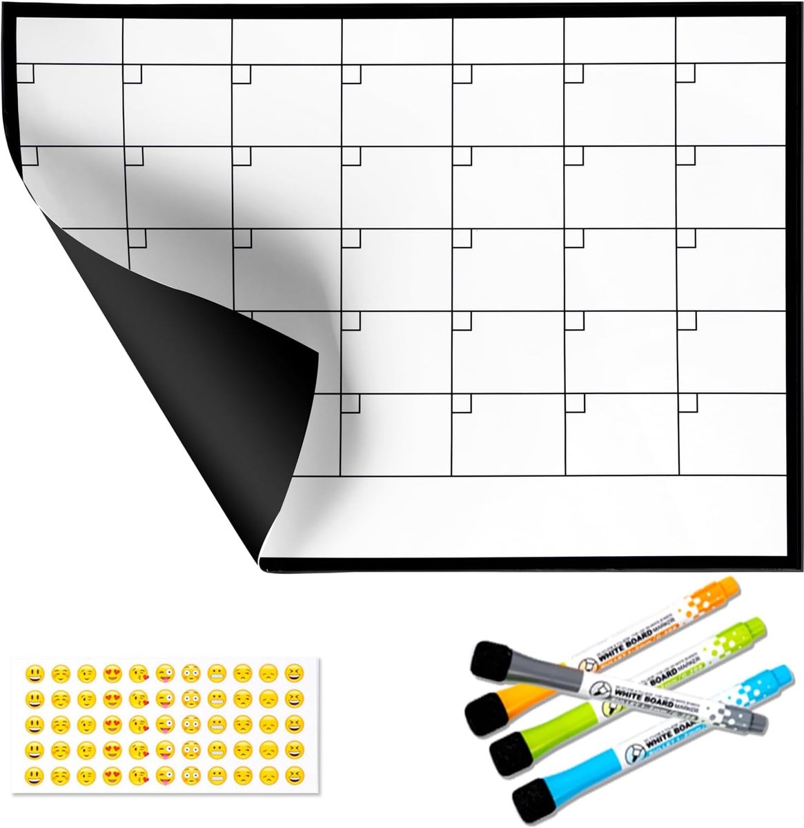 SnelShoppen - Magnetische Maandplanner A4 - 30 x 21 cm - Afwisbare Whiteboard-Kalender met 4 Markers en Emoji - Wandkalender voor Koelkast en Kantoor