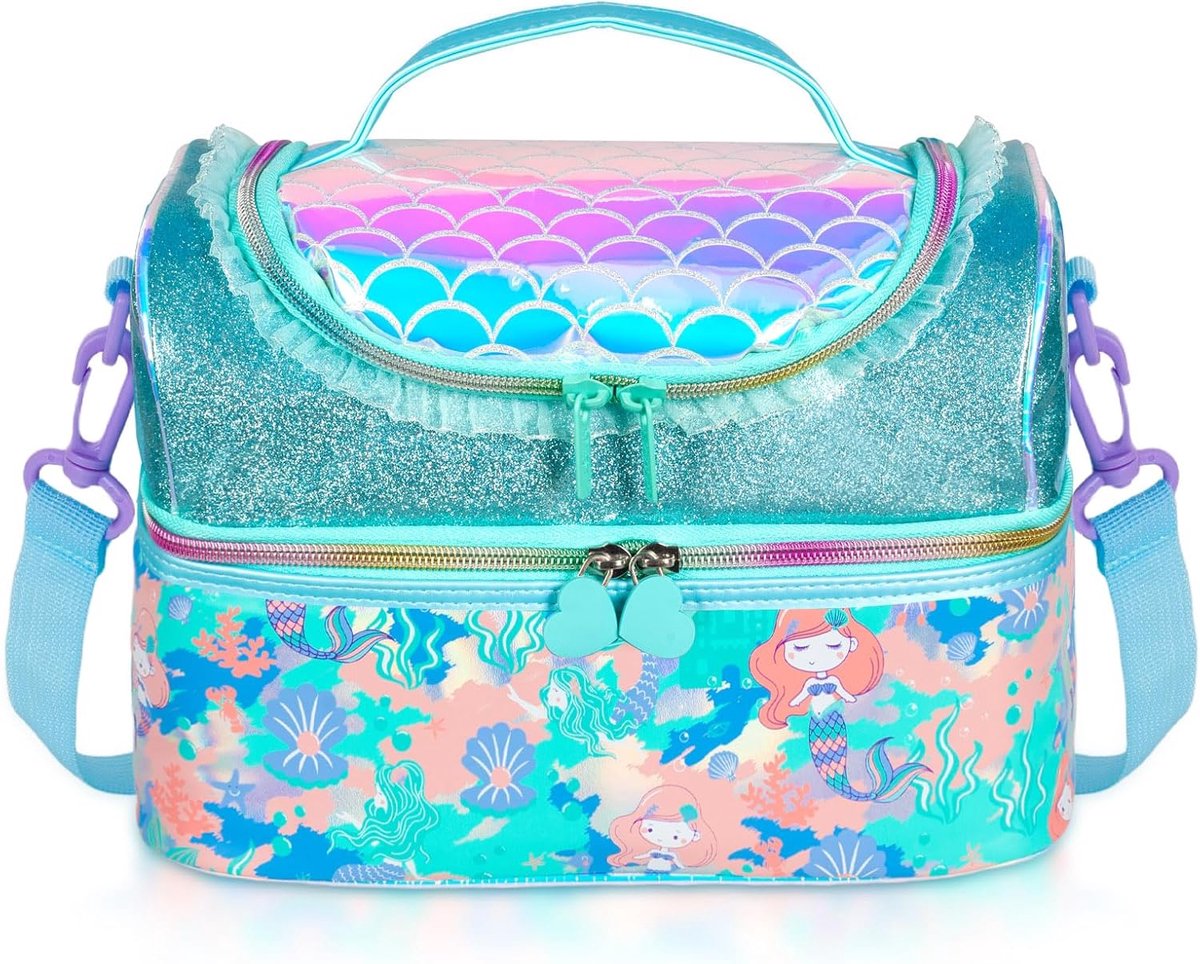 SnelShoppen - Kids Double Decker Cooler Isolatie Lunchtas - Grote Draagtas voor Jongens en Meisjes - Verstelbare Riem - Eenhoorn Zeemeermin Design - I