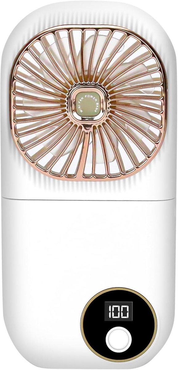 SnelShoppen - Draagbare Handventilator Oplaadbaar Mini Nekventilator Witte Opvouwbaar 3000mAh 3 Snelheden Telefoonstandaard Powerbank USB Reisventilat