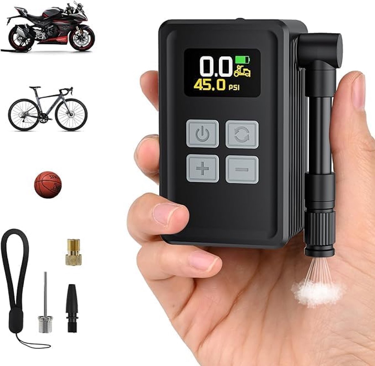 SnelShoppen - Mini-fietspomp Elektrisch Draadloos 150 PSI Met Manometer, Accu-Luchtpomp Voor Fiets, Motorfiets, Ballen, LED-Licht, Inclusief Presta-ve