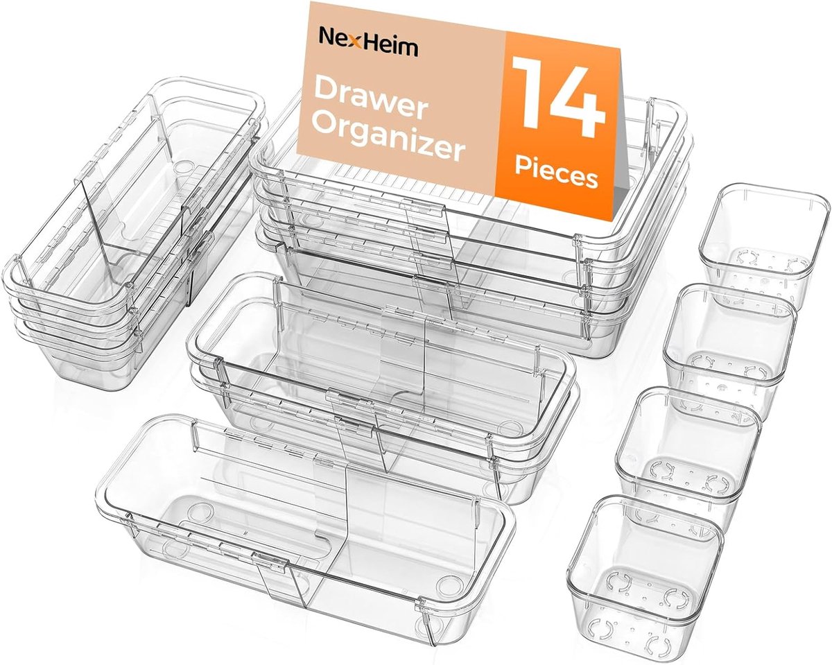 SnelShoppen - 14-delige Lade-Organizer Set - Uittrekbare Make-up Organizer - Transparant Kunststof - Ideaal voor Kaptafel, Keuken, Kantoor en Badkamer