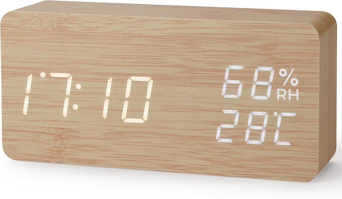 SnelShoppen - Digitale Houten Wekker LED Tafelklok met Spraakbesturing, 12/24 Uur, Datum, Temperatuur, Luchtvochtigheid en USB Oplaadpoort (Rechthoeki
