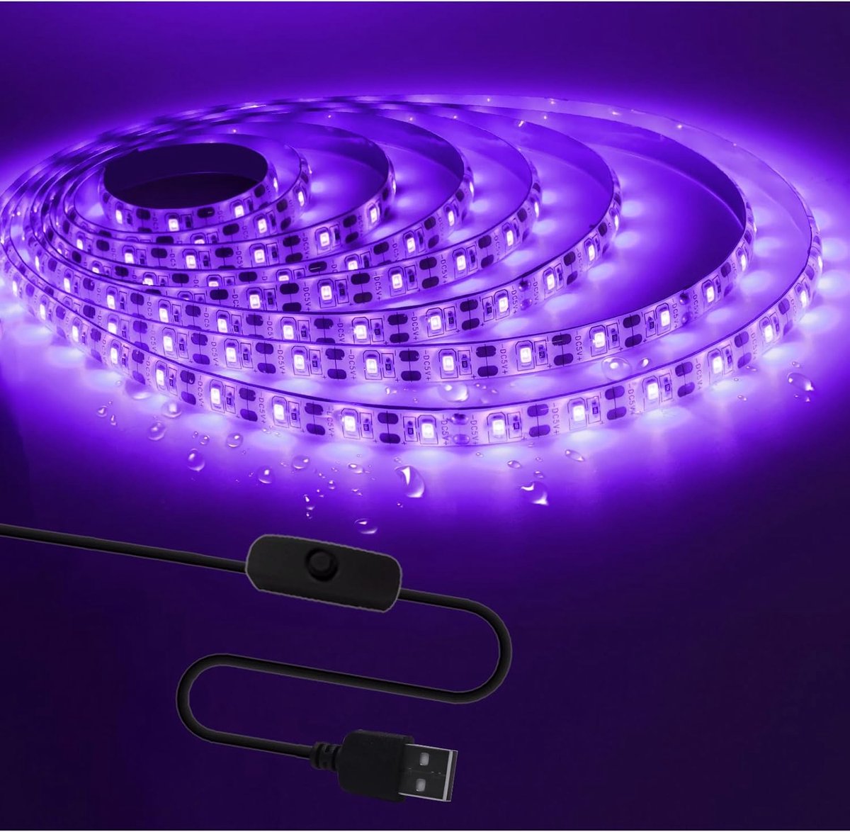 SnelShoppen - UV Ledstrip 3M 5V USB Zwart Striplicht met Schakelaar SMD 2835 395nm-405nm IP65 Waterdicht voor Halloweenfeest, Club, Decoratie