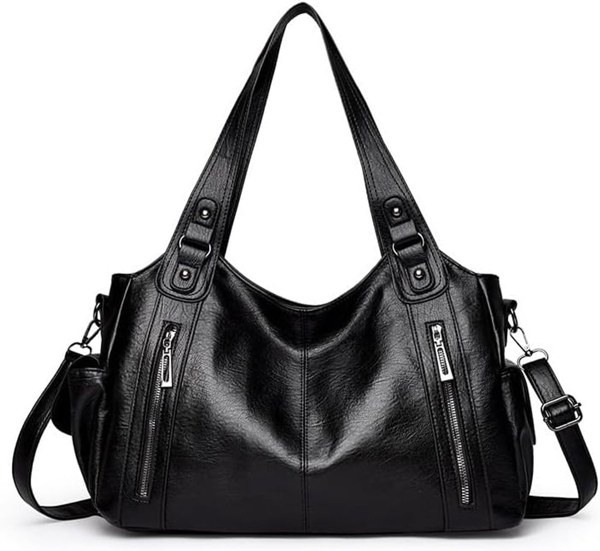 SnelShoppen - GSenhui Vintage Dames Handtas, Grote Schoudertas, PU-Leer, Zwart, Perfect voor School, Reizen en Boodschappen