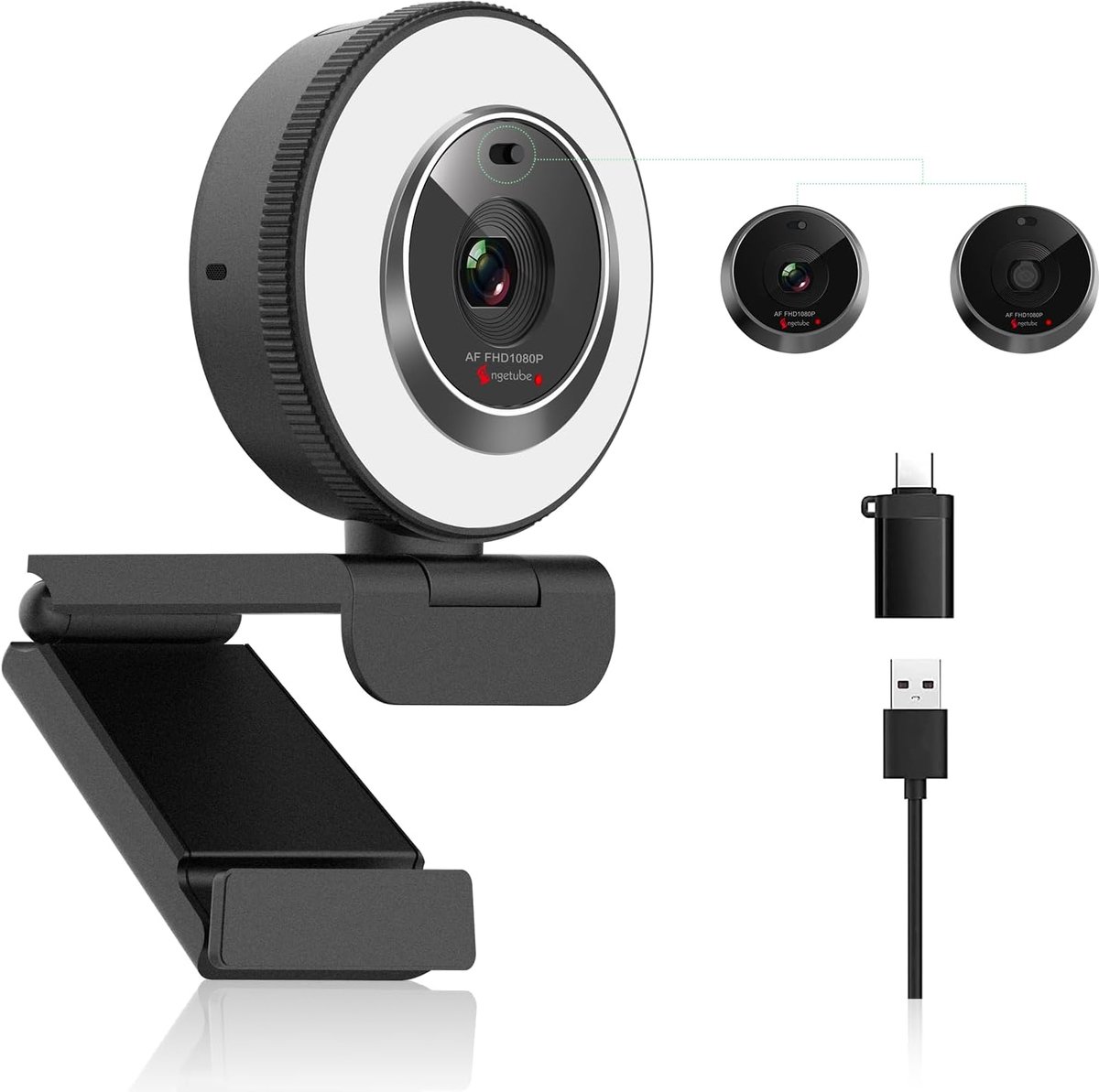 SnelShoppen - Webcam PC USB 1080P/30fps met Ringlicht, Autofocus, Microfoon, Plug & Play, Draagbare Webcam voor Zoom/Teams/YouTube, Perfecte Verlichti