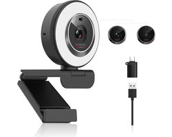 SnelShoppen - Webcam PC USB 1080P/30fps met Ringlicht, Autofocus, Microfoon, Plug & Play, Draagbare Webcam voor Zoom/Teams/YouTube, Perfecte Verlichti
